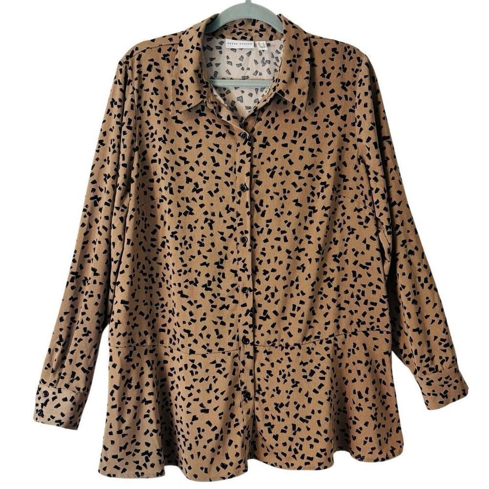 Susan Graver L peach skin beige print peplum button front neutral blouse